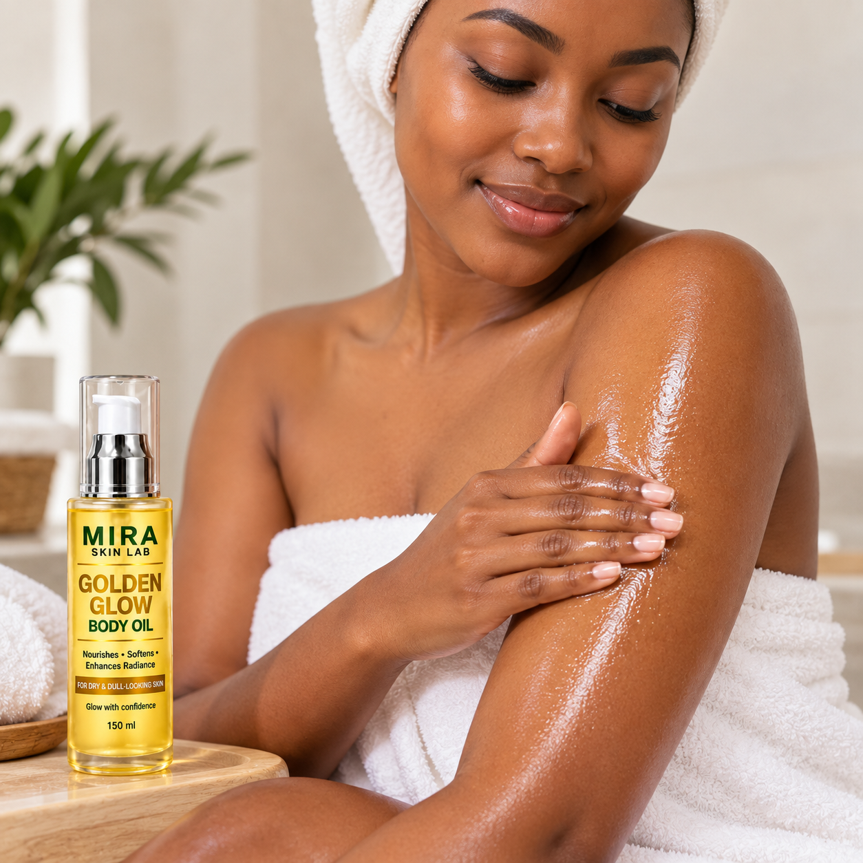 Woman applying MIRA SKIN LAB Golden Glow Body Oil to her skin