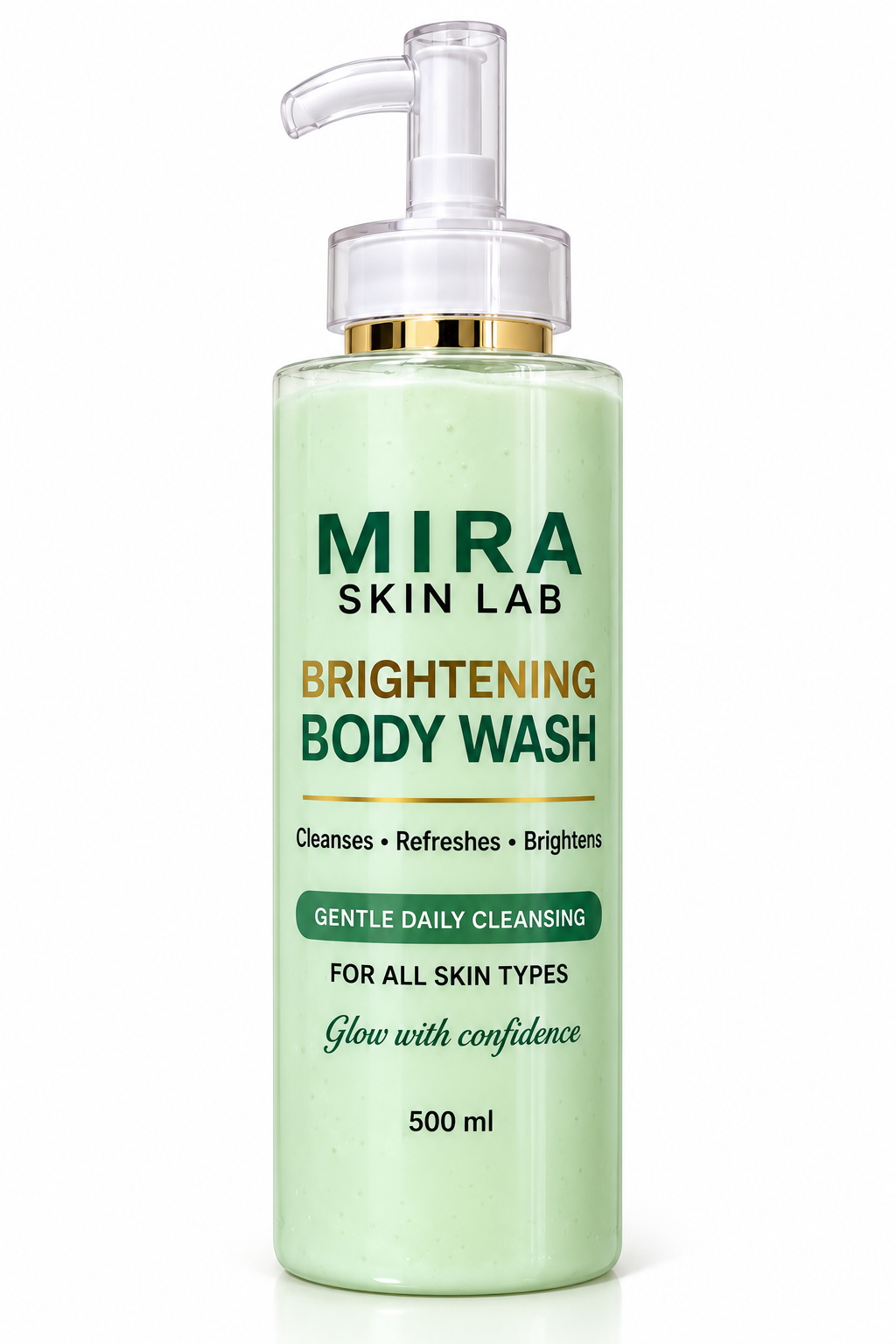 MIRA SKIN LAB Brightening Body Wash 500ml bottle with green packaging
