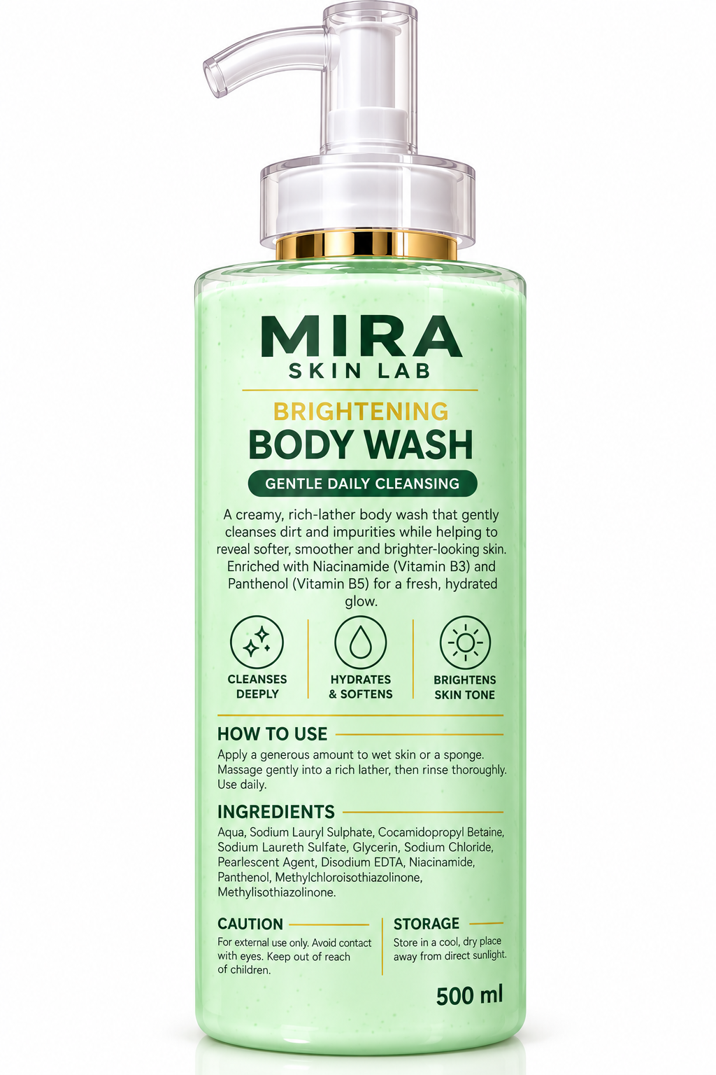 MIRA SKIN LAB Brightening Body Wash 500ml bottle with green packaging